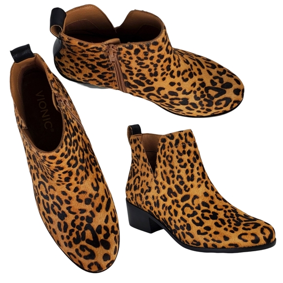 New Vionic clara leopard calf hair v cut out water resistant ankle boots tan - Picture 2 of 16